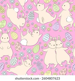 Easter pattern. Seamless background with bunny and eggs. Cute ornament for wrapping paper, fabric and web.