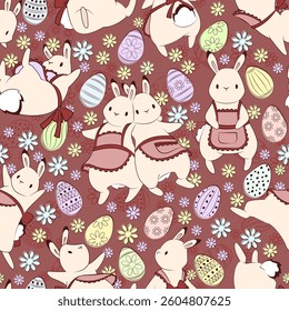 Easter pattern. Seamless background with bunny and eggs. Cute ornament for wrapping paper, fabric and web.