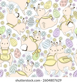 Easter pattern. Seamless background with bunny and eggs. Cute ornament for wrapping paper, fabric and web.