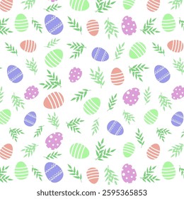Easter pattern seamless with a drawing of colorful eggs and green branches. Similar. Without outline. Postcards. Decorations. Wrapping paper. Vector illustration