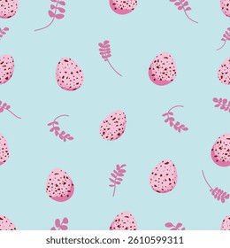 easter pattern, seamless pattern with eggs and plant on soft blue background