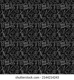 Easter pattern. Seamless pattern with easter icons. Creative easter background with eggs, bunny, rabbit, Easter cake, flowers, willow branch and church