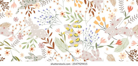 Patrón de Pascua sin fisuras, conejo conejito con fondo floral para el diseño de papel que envuelve la impresión, animal lindo con el patrón de la flor, dibujo del doodle del arte de la Ilustración vectorial de la liebre para el Fondo de pantalla