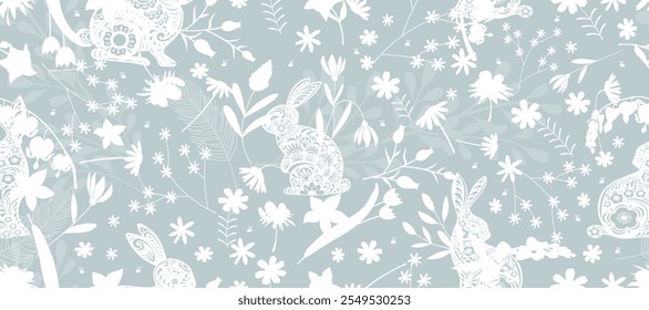 Padrão de Páscoa Sem Costura, Coelho coelho com fundo floral para papel Design Wrapping Print, animal bonito com padrão de flor, ilustração vetor arte doodle desenho de lebre para papel de parede