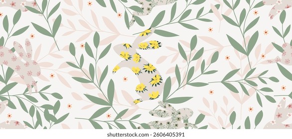 Easter Pattern Seamless,Bunny Rabbit with Floral Background for Paper Design Wrapping Print,Cute animal with flower pattern,Vector illustration art doodle drawing of Hare for wallpaper