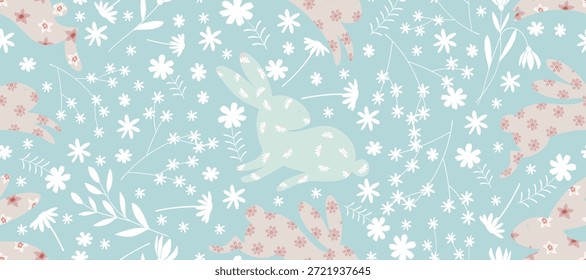Ostern Muster nahtlos, Hase Kaninchen mit floralem Hintergrund für Papier-Design-Wrapping Print, süßes Tier mit Blumenmuster, Vektorgrafik Kunst doodle Zeichnung von Hase für Tapete