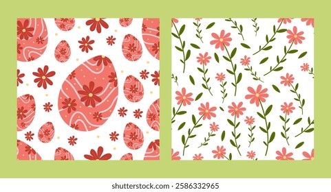 Easter pattern set with hand-drawn floral elements and decorative Easter eggs with retro-style flowers. Cute seasonal illustration with floral accents in vector flat style. For prints, cards.