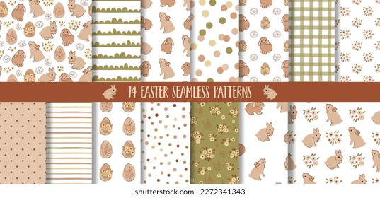 Easter pattern set - rabbit bunny, eggs, flowers. Vector spring seamless background collection. Baby rabbit animals, little floral bouquets in cottagecore style, striped printed, checkered background.