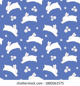 Easter pattern. Springtime holiday seamless repeat of leaping bunny and flowers, vector illustration. Vector illustration