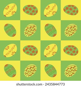 Easter pattern with squares shapes and easter eggs. Flat hand drawn decorated eggs in contrast squares. Unique retro print design for textile, wallpaper, interior, wrapping