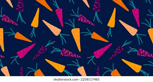 Easter pattern with sweet colorful, rainbow carrots on a dark blue background