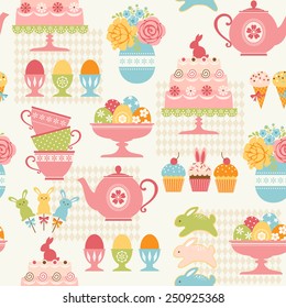 Easter pattern with sweets, Easter eggs and flowers.