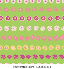 Easter pattern tile. Flowers in rows seamless vector background green. Floral illustration of hand drawn pink yellow summer flowers. Fabric, paper, kids, Summer, web banner, page fill, dress, border.