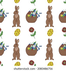 Easter pattern vector. Easter bunny. Wildflowers. Spring.