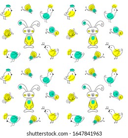 EASTER PATTERN- Vector hand drawn outline illustration of Easter chicken and bunny. Black contour doodle with yellow and green color, line art. Perfect for wrapping, ornament, wallpaper.Vector 