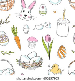 Easter pattern. Vector seamless pattern with chicken, bunny, ornamental eggs, tulip on a white background. 