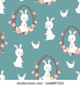 Easter pattern. Vector seamless texture with easter eggs, bunnies and chicken.