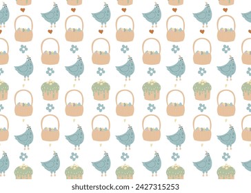 Easter pattern. Vector seamless texture with chikens, hearts, wicker basket and easter cakes. Childish seamless pattern in cartoon style for wallpapers, pattern fills, web page background.