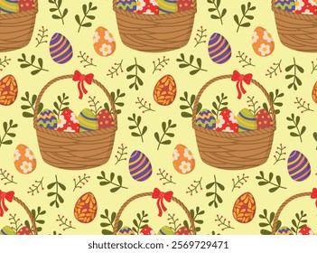 Easter pattern with wicker baskets, painted eggs and spring plants. Seamless bright background