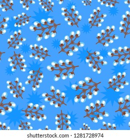 Easter pattern with willow on blue background. For Easter holiday, textiles, fabric, Wallpaper, decoration, background, packaging paper 02.
