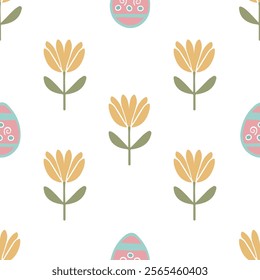 Easter pattern with yellow tulips and eggs on a white background