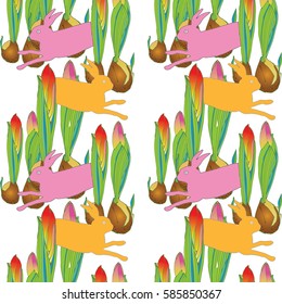 Easter pattern,bunnies with tulips ,vector