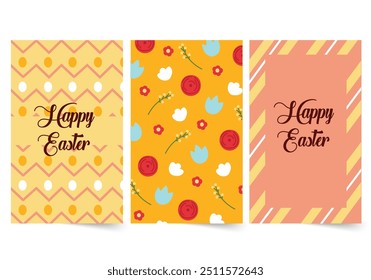 Easter patterns in pastel colors concept in the flat cartoon design. Three brightly patterned Easter greeting cards, each with unique patterns and fun messages. Vector illustration.