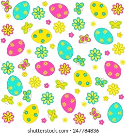 easter pattern,seamless.eggs, butterfly and flower on a white background,vector