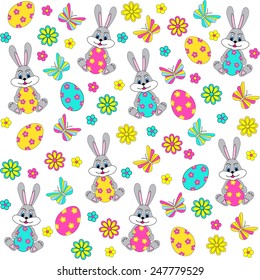 easter pattern,seamless.eggs, rabbit, butterfly and flower on a white background,vector