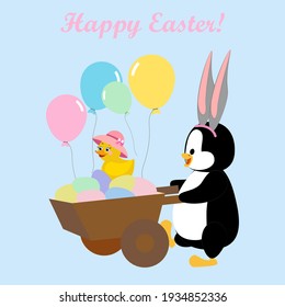 Easter penguin and chick hunting eggs vector illustration on the blue background. Vector illustration