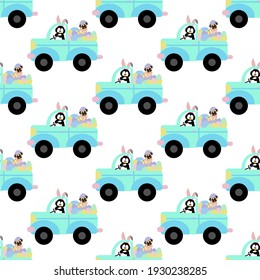 Easter penguin and pug in car seamless pattern on the white background. Vector illustration
