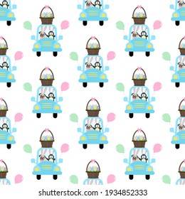 Easter penguin and pug in car seamless pattern on the white background. Vector illustration