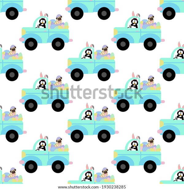 Easter penguin and pug in car\
seamless pattern on the white background. Vector\
illustration