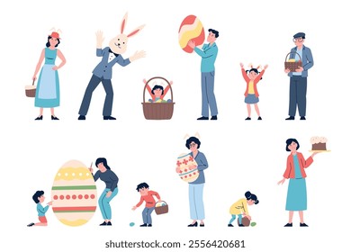 Easter people happy characters. Adults and children with eggs in baskets, cakes and easter fest decorations. Cute children egg hunter, recent vector set