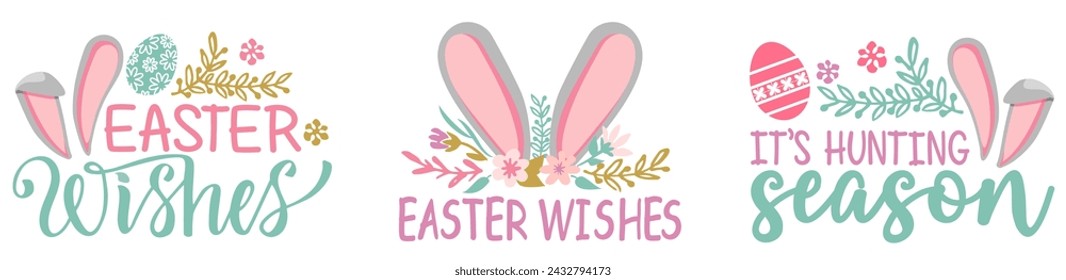 Easter phrases. Text greeting card templates with Easter eggs, bunny ears and spring flowers isolated on white background. Set of hand drawn lettering. Happy Easter lettering modern calligraphy style