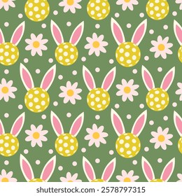 Easter pickleballs with bunny ears and white flowers seamless pattern. For easter print, fabric and sportswear 