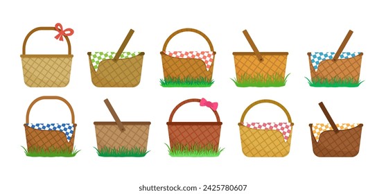 Easter or picnic basket, cartoon wicker hamper, empty woven bag icon, handmade rattan box, food container with tablecloth set on grass. Simple straw vector illustration