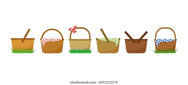 Easter picnic basket icon, straw hamper on grass, empty bag set with bow isolated on white background. Spring vector illustration