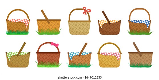 Easter or picnic baskets, set of straw baskets on the grass, colorful checkered tablecloth. Vector illustration