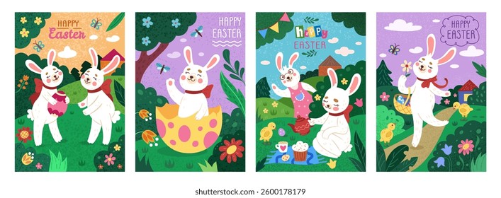 Easter. Picnic rabbit with eggs, funny chicken. Happy childish fairytale bunny. Cute flower cartoon banner design. Spring cover with animal. Traditional holiday. Vector tidy isolated illustration