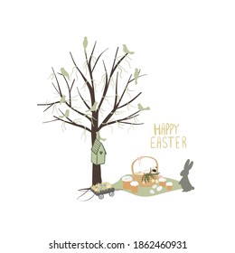 Easter picnic under the tree with ribbons and birds. Birdhouse, bunny, Easter cakes and egg cart. Vector illustration in flat style