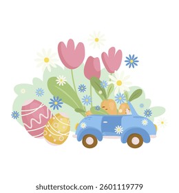Easter picture with a car, colored eggs, carrots and spring flowers, tulips drawn by hand in a simple cartoon style. Vector illustration on a white background. For invitations, advertising, leaflets