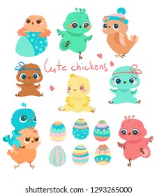 Easter picture, cartoon different chickens, different characters and colored eggs