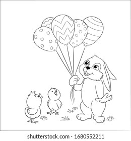 Easter picture with a rabbit, balloons and cute curious chickens. Black and white.