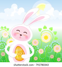 Easter picture with rabbit and egg on a sunny day