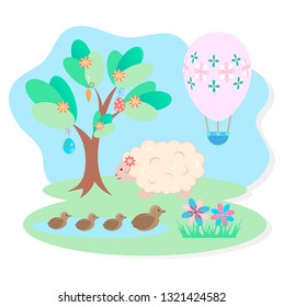 Easter picture, a sheep in a meadow, a lake with ducklings, Easter egg in the form of a balloon, a symbol of the coming Easter.