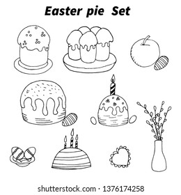 Easter pie set, hand drawn. Traditional different Easter pies with raisins and eggs, decorated with candles. Line art. Illustration isolated on white. - vector.