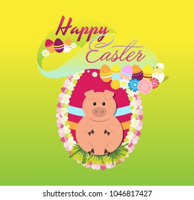 Easter piglet, eggs flowers on gradient background. Stylish holiday background, Vector illustration.
