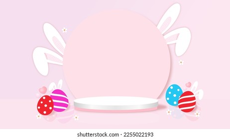 Easter pink 3D room with realistic pedestal podium. Minimal scene for product display presentation. Stage for showcase. Vector geometric design platform.