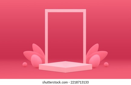 Escaparate 3d rosado de escaparate de fondo de estudio premium para la presentación de promociones de vacaciones ilustración vectorial realista. Diseño de primavera festivo marco peatonal con hojas huevos de pollo diseño minimalista